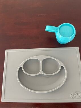 Gray EZPZ Silicone Suction Placemat Plate with Teal NUK Snack Cup